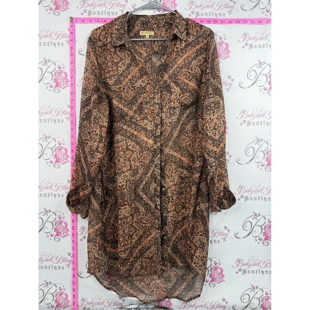 Democracy dress long style shirt comfy Brown Paisley Button-Down Tunic Dress